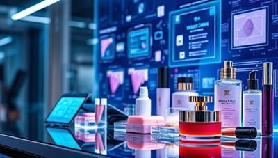 A futuristic visual representation of beauty tech consultancy, featuring a blend of digital interfaces, beauty products, and high-tech gadgets, symbolizing the seamless integration of technology and beauty expertise in a modern consultancy setting, conveying innovation and sophistication.