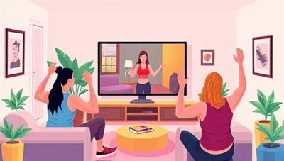 A vibrant and dynamic digital illustration of a virtual fitness coach leading a workout session on a screen, surrounded by energetic participants exercising in their living rooms, showcasing motivation and community spirit.