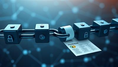 An artistic representation of interconnected blocks forming a secure chain, symbolizing blockchain technology, with financial documents flowing through the chain, showcasing transparency and trust in accounting verification.