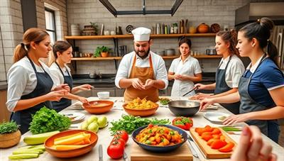 A dynamic virtual cooking class scene with a chef leading a group of participants in preparing a delicious dish, featuring a variety of fresh ingredients, cooking utensils, and culinary tools, creating a vibrant and interactive culinary atmosphere.