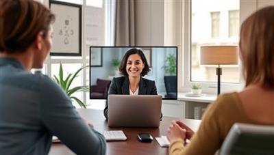 An inspiring virtual office setting with a career coach engaging with a client over a video call, discussing career goals and strategies for success, creating a supportive and empowering atmosphere for professional growth.
