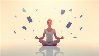 A serene digital illustration of a person meditating in a peaceful virtual environment, surrounded by floating digital devices symbolizing a mindful approach to technology use.