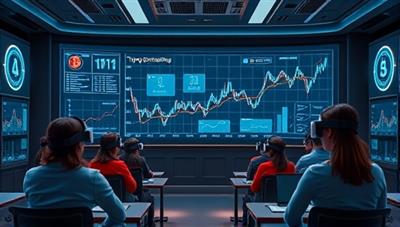 A futuristic digital classroom setting with holographic charts displaying cryptocurrency trends, surrounded by students wearing virtual reality headsets, symbolizing cutting-edge education in the crypto industry.