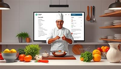An artistic depiction of a virtual cooking class setup with ChefLink Studios' chef guiding participants through a live cooking session, showcasing fresh ingredients, cooking utensils, and a digital recipe display, creating a dynamic and interactive culinary experience at home.