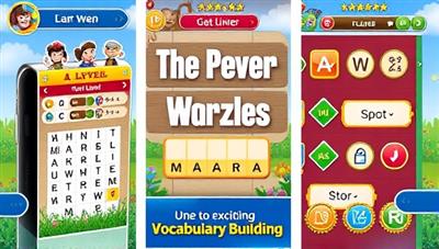 An engaging and colorful mobile app interface featuring various game levels, word puzzles, and achievement badges, with animated characters guiding users through an exciting vocabulary-building journey.