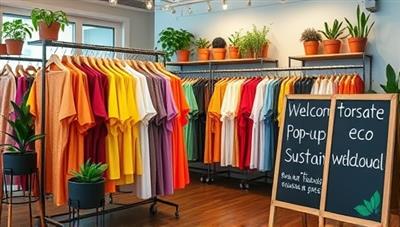 A vibrant and trendy pop-up store setup with racks of colorful clothing made from sustainable materials, potted plants decorating the space, and a chalkboard sign welcoming eco-conscious shoppers, capturing the essence of sustainability and style.