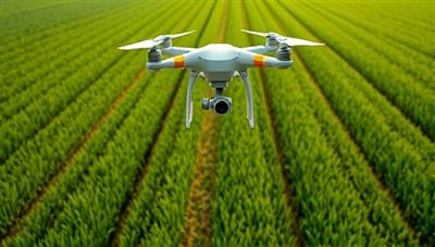 An aerial view of a lush green field with a drone flying overhead, capturing detailed images of crop rows and soil patterns, illustrating the potential of drone-based agricultural monitoring for precision farming.