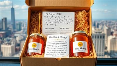 An image of an elegant subscription box filled with jars of golden honey, accompanied by a handwritten note detailing the honey varieties and their unique flavor profiles, set against a backdrop of urban skyline views, symbolizing the fusion of city living and artisanal honey craftsmanship.
