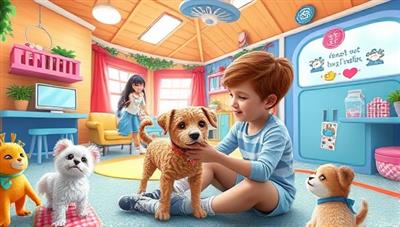 An immersive scene featuring a player interacting with their virtual pet in a colorful and dynamic virtual world filled with playful activities, cozy habitats, and adorable pet companions, capturing the joy and companionship experienced within PetPlay World's virtual pet care simulation game.