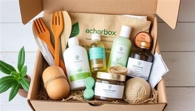 An eco-friendly subscription box filled with natural skincare products, bamboo utensils, plant-based cleaning supplies, and recycled accessories, presented in a biodegradable packaging, promoting a greener and more sustainable lifestyle.