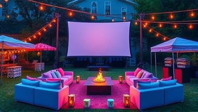A vibrant outdoor setup with a large screen, cozy seating arrangements, fairy lights, and popcorn stations, creating a magical ambiance for a movie night under the stars.