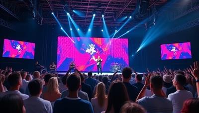 A captivating virtual concert setting with a digital stage showcasing a live performance by a popular artist, surrounded by virtual audience members interacting and enjoying the music, creating an immersive and engaging concert experience.