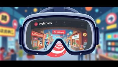 An illustration of a virtual reality headset displaying a vibrant language marketplace, where users can explore different language learning scenarios with animated characters and interactive tools, showcasing the immersive and interactive aspects of GloGlot.