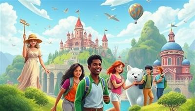An engaging visual of diverse characters exploring a vibrant virtual world filled with financial challenges and educational landmarks, capturing the excitement and adventure of learning financial skills through gamification.