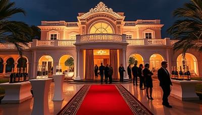 A lavish pop-up event featuring a stunning mansion adorned with luxury decor, champagne towers, and a red carpet entrance with affluent guests mingling and admiring the property under glamorous lighting, capturing the essence of high-end real estate experiences.