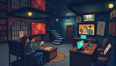 An engaging digital illustration of a virtual escape room scenario with intricate puzzles, mysterious clues, and a diverse group of players collaborating online to solve the challenges.