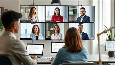A virtual office setting with career coaches engaging with clients through video calls, conducting mock interviews, reviewing resumes, and providing tailored career advice, conveying professionalism and career guidance in a digital environment.