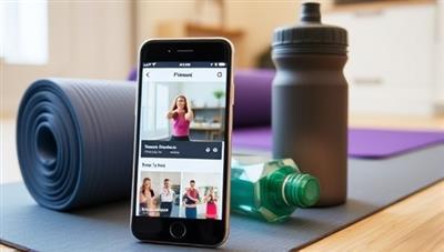 A smartphone displaying a fitness app with workout videos, a water bottle, and a yoga mat in the background, conveying a sense of motivation and progress in a home workout setting.