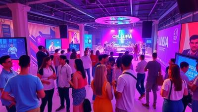 A vibrant virtual social hub environment showcasing avatars interacting in a virtual space, attending virtual events like concerts, parties, and workshops, with customizable avatars, interactive elements, and dynamic social interactions, creating a lively and engaging virtual community.
