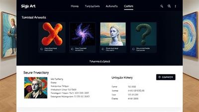 A digital art gallery interface displaying a collection of tokenized artworks, blockchain authentication details, and secure transaction history, showcasing the transparency and uniqueness of digital art ownership through blockchain technology.
