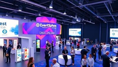 An immersive virtual event space with interactive booths, networking lounges, and presentation stages, showcasing the versatility and engagement opportunities offered by EventSphere Connect for hosting impactful virtual events, surrounded by a digital audience interacting and connecting virtually.