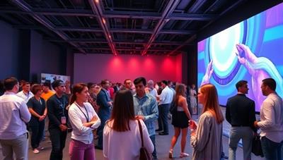 An engaging virtual event setup showing a diverse group of people interacting in a virtual space with digital avatars, representing the immersive and dynamic nature of virtual events facilitated by the platform.