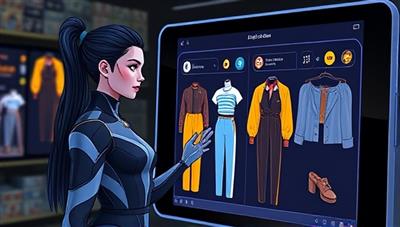 An engaging virtual assistant character with a sleek design, assisting a user in selecting outfits and accessories on a digital screen, conveying a futuristic and personalized shopping experience.