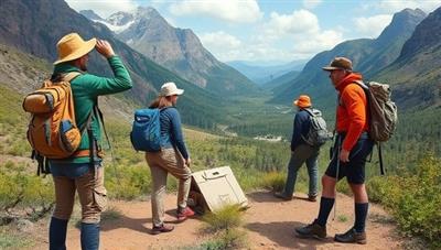 An outdoor wilderness setting with adventurers equipped with WildHaven's eco-friendly gear, surrounded by scenic natural landscapes, showcasing the durability and eco-conscious design of the outdoor equipment in action.