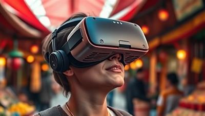 A person wearing a VR headset, immersed in a lifelike virtual environment of a bustling marketplace in a foreign country, surrounded by vibrant colors and sounds, evoking a sense of wanderlust and exploration.