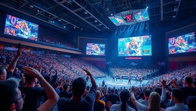 An esports arena filled with cheering fans and digital screens displaying live esports matches, with users on the EsportXchange platform trading bets in real-time, illustrating the dynamic and interactive nature of esports betting on EsportXchange.