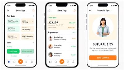 An engaging app interface showing a user setting financial goals, tracking expenses, and receiving personalized financial tips from a virtual financial coach, creating a sense of empowerment and control over one's finances.