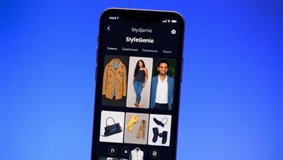 An engaging image of a smartphone displaying the StyleGenie AI app, showing a user receiving personalized outfit suggestions with various clothing items and accessories displayed in a visually appealing manner.