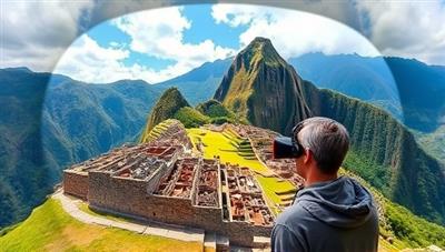 An immersive VR travel scene featuring a user exploring the ancient ruins of Machu Picchu in Peru, with panoramic views, interactive guides, and historical insights, illustrating the captivating and educational nature of VRTravelQuest's virtual travel experiences.