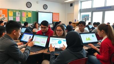 An educational setting with teenagers engaged in a virtual financial literacy workshop, interacting with digital devices displaying budgeting tools, investment simulations, and career planning resources, fostering a culture of learning and empowerment at YouthFinance Academy.