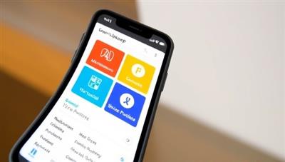A smartphone screen displaying the SmartUpkeep app interface with colorful icons for scheduling maintenance tasks, viewing tutorials, and connecting with service providers, illustrating the convenience and efficiency of the smart property maintenance app.