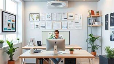 A digital office space with career development resources, job search tools, and professional coaching sessions taking place virtually, symbolizing career guidance and support for individuals navigating their next career steps in the online realm.