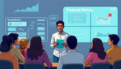 An inspiring illustration of a young mentor guiding a group of diverse students through a financial literacy workshop, with interactive screens displaying budgeting tools and investment concepts, fostering a supportive and educational environment on the YouthFinanceCoach platform.