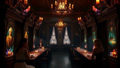 A mystical parlor setting with dim lighting, fortune-telling booths adorned with crystals and candles, customers receiving tarot readings and placing bets on mystical predictions, creating an enchanting and immersive atmosphere within the parlor.