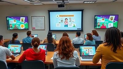 A dynamic digital classroom setting with diverse individuals engaging in online financial literacy courses, with interactive modules and engaging visuals on the screens, symbolizing empowerment and knowledge acquisition through Finance Quest's educational platform, evoking learning and progress.