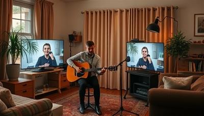 A personalized concert setup with a musician performing live in a cozy living room, interacting with virtual attendees through a screen, creating an intimate and engaging concert experience from home.