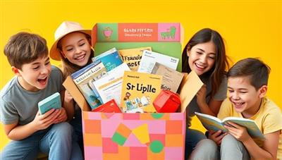 An eye-catching image of a colorful subscription box filled with financial literacy materials like books, games, and budgeting tools, surrounded by excited individuals of diverse ages exploring the contents with smiles on their faces, conveying the joy of learning about money management.