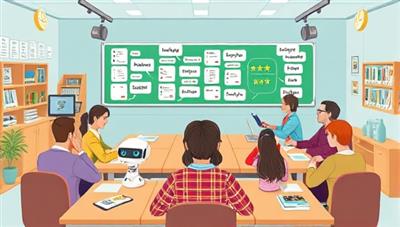 An illustration of a virtual language classroom with diverse avatars engaging in language exercises, chatbot interactions, and virtual cultural immersion activities, highlighting the platform's interactive and immersive nature.
