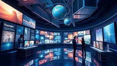 A futuristic virtual gallery displaying a diverse collection of digital artworks, with users exploring the digital art pieces in a visually stunning and immersive environment, showcasing the innovative digital art showcase platform of ArtScape Gallery.