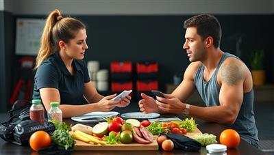 An energetic image of a nutrition coach discussing a personalized meal plan with an athlete, surrounded by sports equipment and healthy food choices, conveying the importance of nutrition in athletic performance and overall well-being.