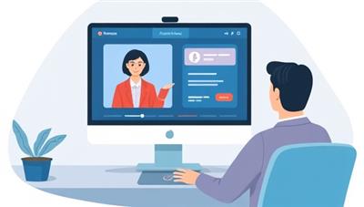 An illustrative depiction of a virtual financial coaching session taking place on the MoneyMentor Exchange platform, with a coach providing advice on a digital screen to a client seeking guidance on investment strategies, showcasing the convenience and expertise available through the marketplace.