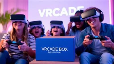 An exciting visual of a family immersed in virtual reality gameplay at home, wearing VR headsets and holding controllers, with a VRcade Box prominently displayed in the background, showcasing the fun and futuristic aspects of the subscription service.