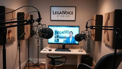 A professional podcast recording studio setup with microphones, soundproofing panels, and audio recording equipment, featuring legal-themed decor and podcasting software on a computer screen, creating a dynamic and engaging environment for legal professionals to record high-quality podcasts with LegalVoice Studios.