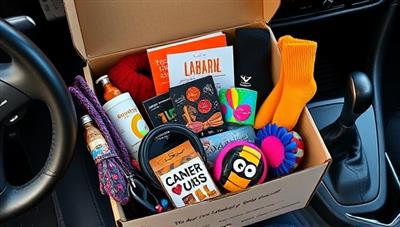 An array of vibrant and stylish car accessories neatly arranged in a subscription box, surrounded by car interior elements like steering wheels and gear shifts, reflecting personalization and creativity.