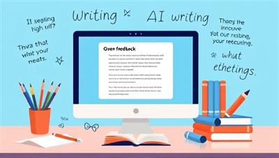 An imaginative illustration of a digital AI assistant providing feedback on a computer screen, surrounded by creative writing elements like pens, paper, books, and inspirational quotes, highlighting the platform's innovative approach to writing enhancement.