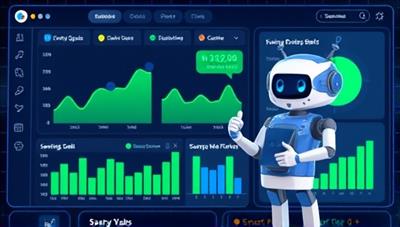 An illustration of a futuristic dashboard displaying financial graphs and savings goals, with a friendly AI assistant character offering financial advice to a user on a smartphone screen, symbolizing smart financial management.